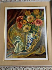 B Zoole „Still Life With Flowers And Statue Scene“ Oil Painting – Signed/Framed