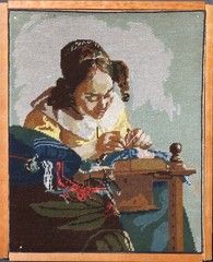 The Lacemaker vintage framed needlepoint tapestry original artwork by J. Vermeer