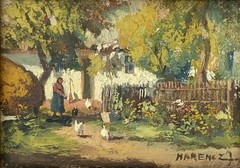 Joseph Harencz ATQ VTG Miniature Impressionism Chicken Genre Landscape Painting