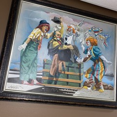 Chuck Oberstein CLOWN HIJINX original painting. Never on Market. DOUBLE FRAMED.