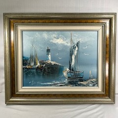 R Lindstrom Original Vintage Oil Painting Sailboats Lighthouse Coastal Nautical