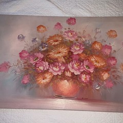 Vintage modernist pink flower ROSES original art oil painting signed canvas