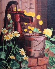 Janice Lamaar Landscape Painting 1976 Water Well Bucket Signed – Custom Framed