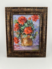 Oil Painting Red Geraniums Impasto Impressionism Style Custom Wood Frame 7.5″