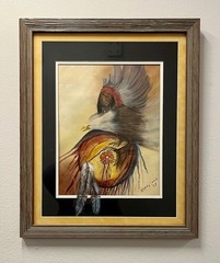 Vintage 1979 SIGNED K Loud Native American Warrior with Eagle FRAMED yellow gray