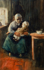 „Grandmother & Child“ Jozef Israels (1824-1911) Old 19th C. Watercolor Painting.