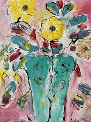 Original Abstract Floral Teal and Yellow Painting – Acrylic on Canvas Art 9×12