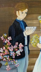 Whimsical VTG Folk Art Original Oil on Wood Wedding Painting Signed By Artist