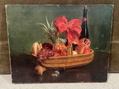 Antique OIL ON CANVAS STILL LIFE PAINTING – FRUIT IN A BASKET