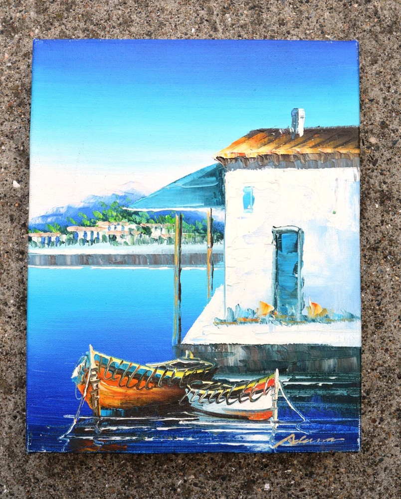 VILLA HOUSE FAR MOUNTAIN OCEAN BOAT VIEW HAND PAINTED 10″ OIL PAINTING GIFT S160