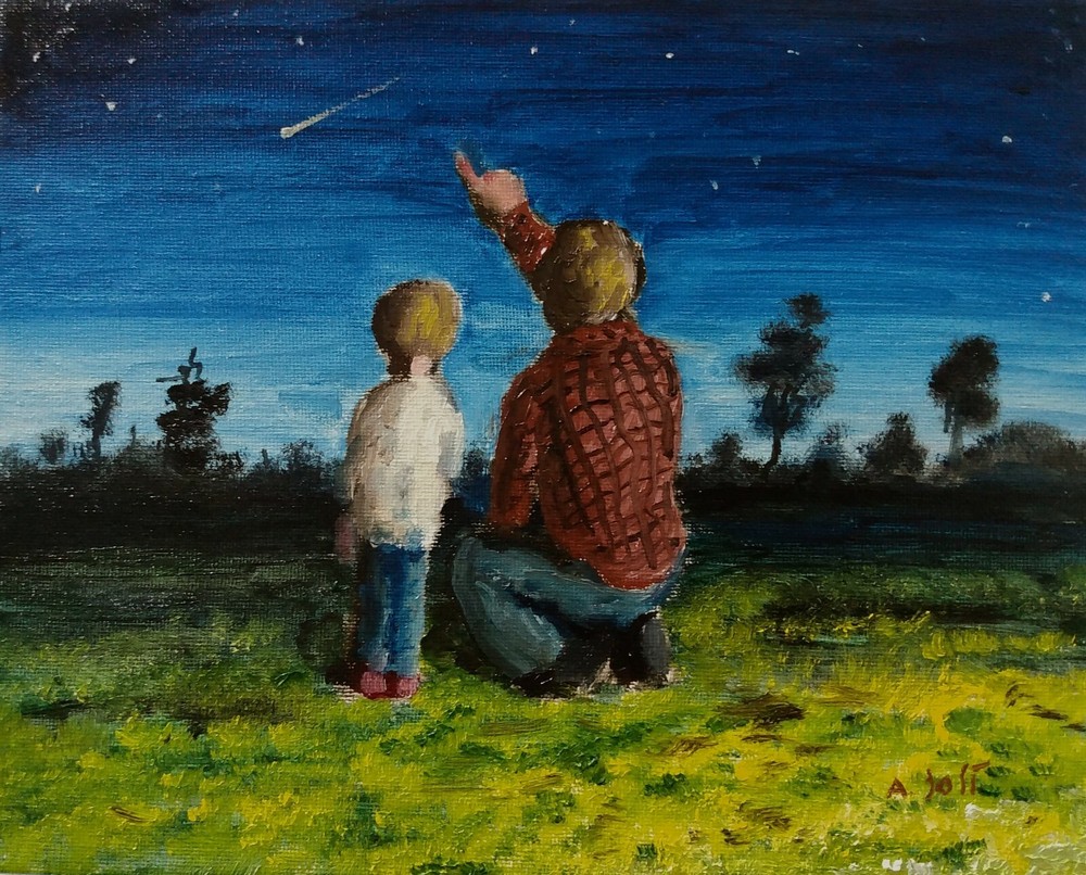 Oil Painting Father Child Kid Shooting Stars in Night Sky Landscape Art A. Joli