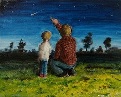 Oil Painting Father Child Kid Shooting Stars in Night Sky Landscape Art A. Joli