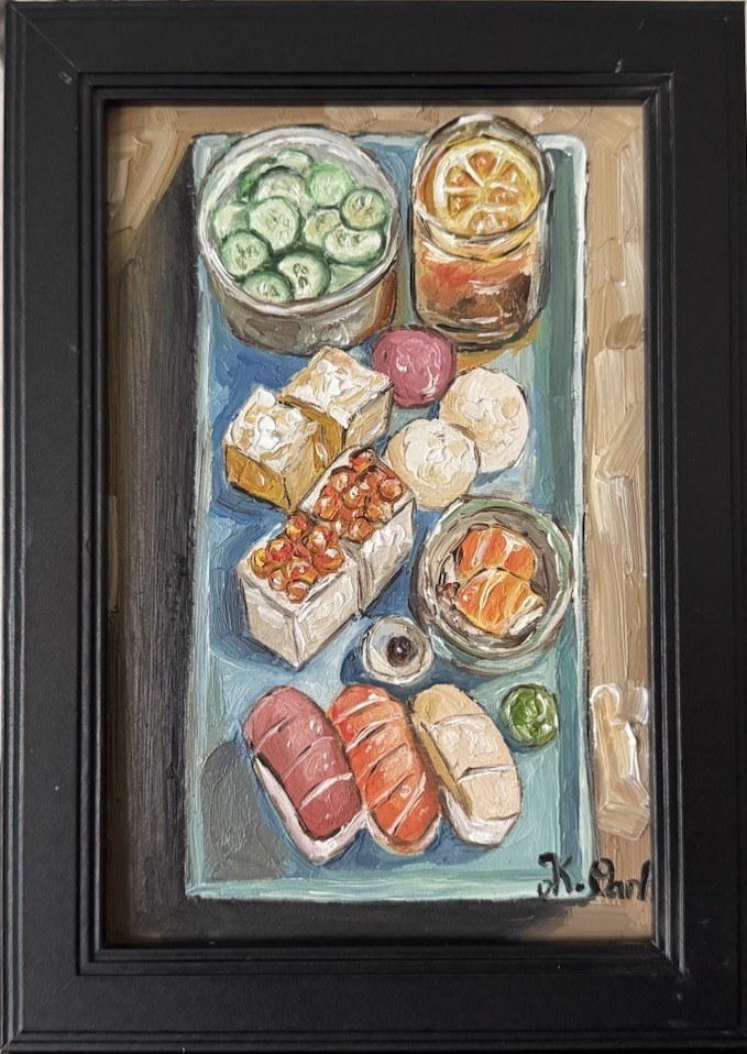 ORIGINAL OIL PAINTING STILL LIFE SUSHI PLATE SIGNED FRAMED 4×6