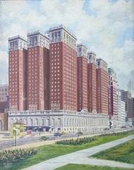 1930’s Signed J Weyers Oil On Board Of A Cityscape W/Hotel & Cars