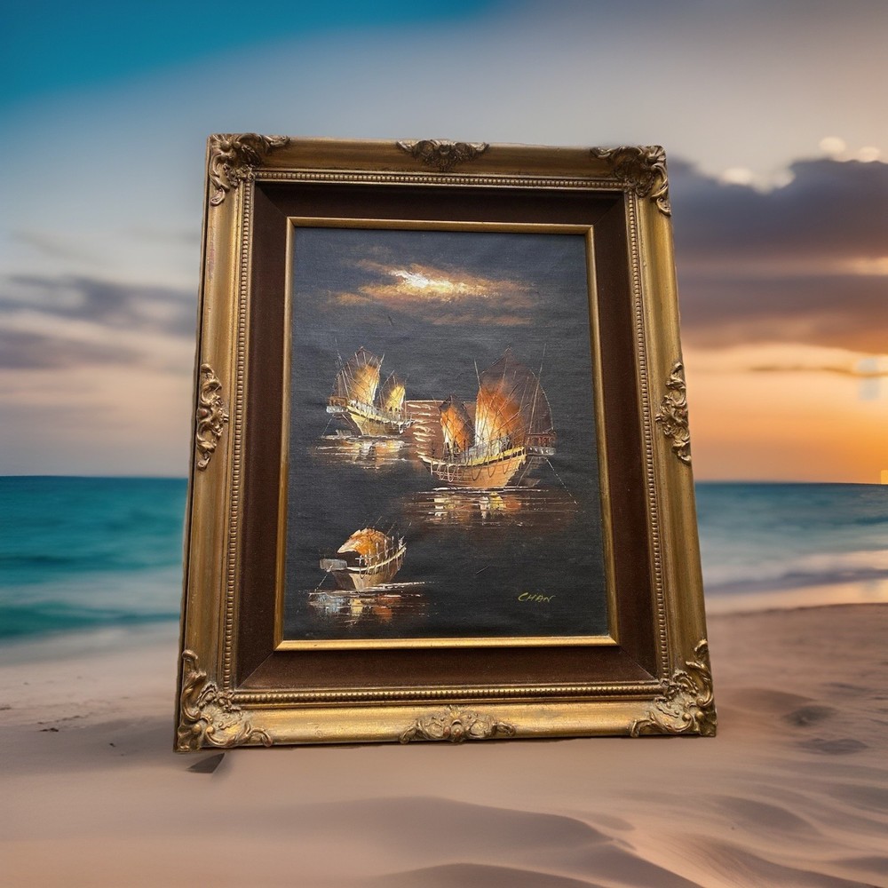 Chinese Fishing Boats – ORIGINAL OIL FRAMED PAINTING ON CANVAS – Signed by Chan