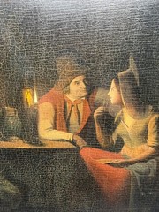 Antique Italian 19thC Oil Painting Tavern Scene Couple Candlelight on Panel