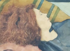 Vintage Watercolor Painting Red Headed Woman Sleeping Large Signed A. Pickens