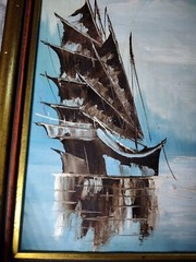Vintage Signed – Boats in Harbor – Seascape Oil on Canvas Hong Kong Art