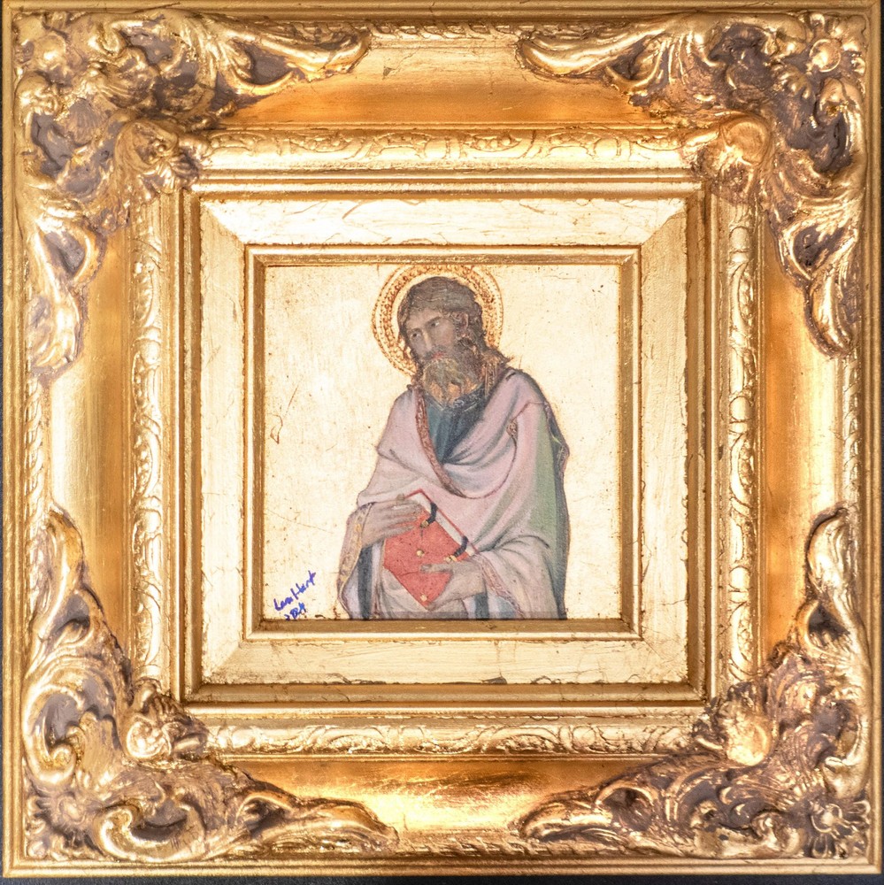 Hand Painted Saint Andrew Oil Painting on Wood Panel Gilded Ornate Frame 12×12