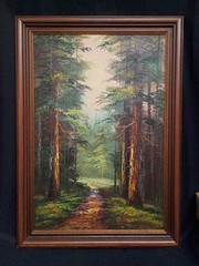 Vtg Landscape Oil Painting Forest pos signed 20×30 view well done Redwoods? CA