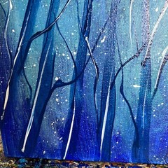 8/10 Inches Original Painted On Canvas,abstract Forest,night,blue Birds