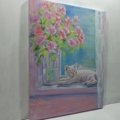 Cat Flowers Original Oil Hand Painted Signed Wall Art Decor Gift Ukraine Artist