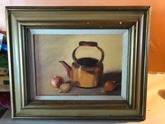 Original 10×14”,22×18 Frame Still Life Copper Tea Kettle W/Onions by Nell Peel