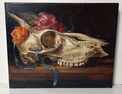 Oil Painting DEER SKULL With Flowers And Ribbon On Cradled Wood Panel