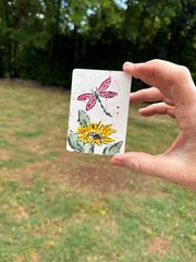 ACEO #24 Pink Dragonfly with Yellow Flower,Leaves. Artist Trading Card, 3.5×2.5