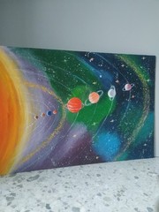 Original acrylic painting Parade of planets. Space Handmade Wall decor 11*8