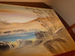 Desert Mountain River Original Oil Painting on Masonite Board Vintage 16 x 32″