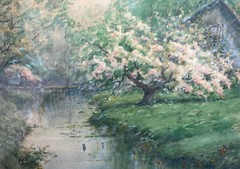 Antique David Clark (American 19/20th) Watercolor Pond House Pink Tree Garden