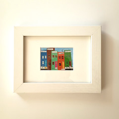 Original ACEO Paper Acrylic 7″x5″ Painting Houses Modern Art Framed