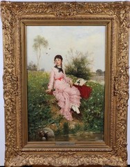 Max Christian Sprinkmann A Lady Resting in Spring Meadows Oil Painting c1910