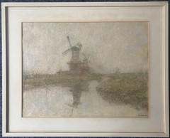 Pastel Signed Mill By The Water Reflection Autumn Misty
