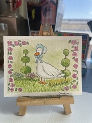 ACEO Goose Blue Bonnet Floral Cottage Garden Watercolor Painting Art Signed