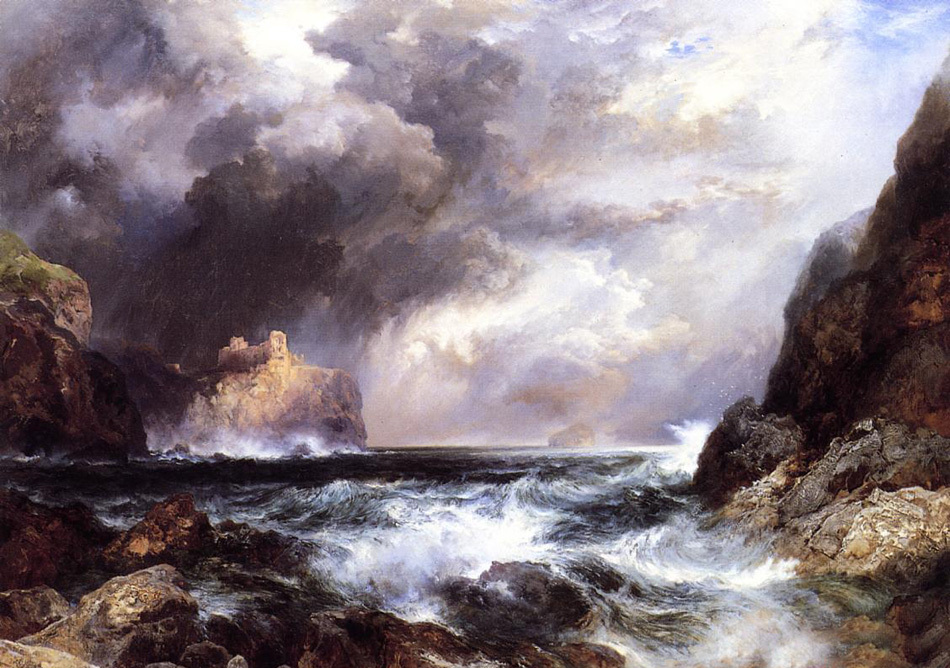 Oil art Thomas Moran – Tantallon Castle, North Berwick, Scotland with waves