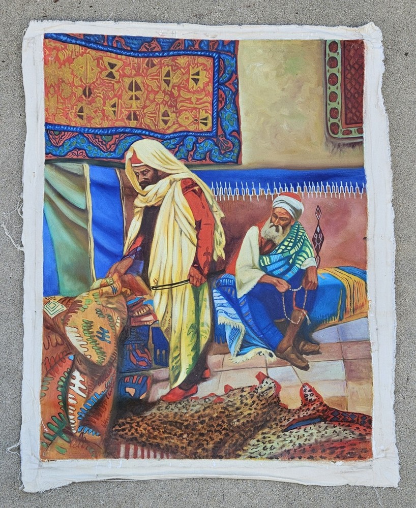 VINTAGE 1970’S PERSIAN RUG CARPET MERCHANTS CANVAS PAINTING