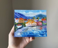 Kefalonia Painting Original Art Impasto Oil Painting 5×6″ Greece Wall Art signed