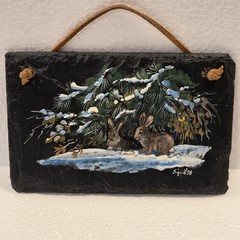 Painting of Winter Scene with Rabbits Painted on Slate Signed Hand Painted