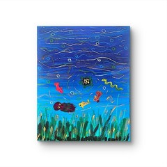 Koi Turtle Pond Acrylic Painting Whimsical Lake Art Original 8×10
