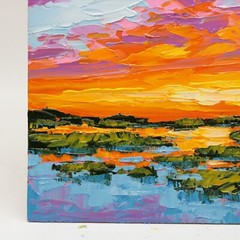 Sunset Over Marsh Painting Oil Original Low Country Art Evening Sky Scenery Art