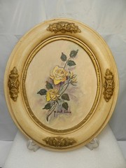 Vintage Mildred Colvin Yellow Rose Floral Painting on Canvas Oval Frame (O33S)