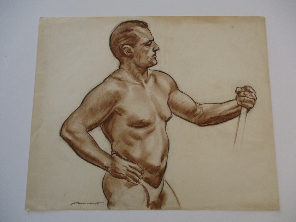 Antique Drawing Man Men Portrait 1930’s American Listed Jules Rauschert Wpa