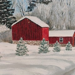 William Tompkins Rural Winter Landscape W/ Red Barn Oil Painting 22X26