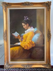 Very large oil on canvas painting – A lady reading a book – highly ornate frame