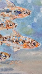 Original autographed oil painting in a frame. Fish. Impressionism. 4×4 inches.
