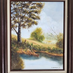 Original D Davidson Oil Painting Landscape Trees Lake Framed 19×23 Vintage Art