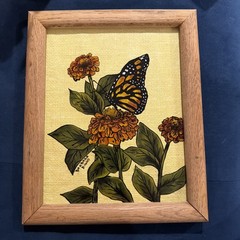 Vintage Handpainted Reverse Painted Butterfly & Flower Framed Picture 10×12 1981