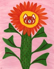 Red Panda Flower Painting, Fantasy Animal Art 8×10